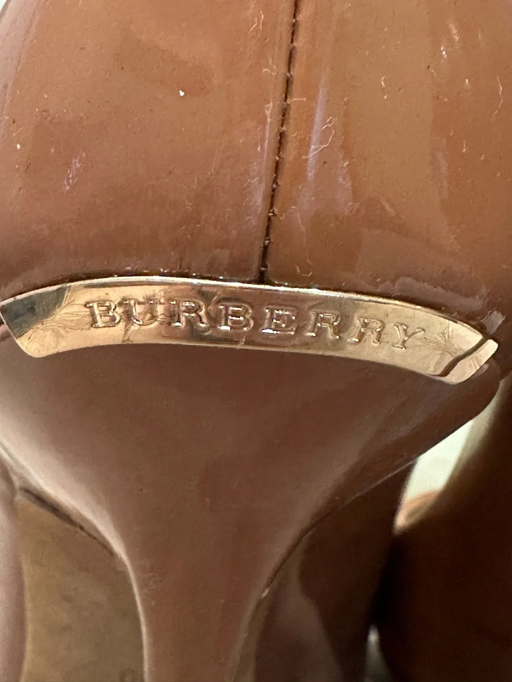 Burberry Patent Peep-Toe Stiletto in Brown